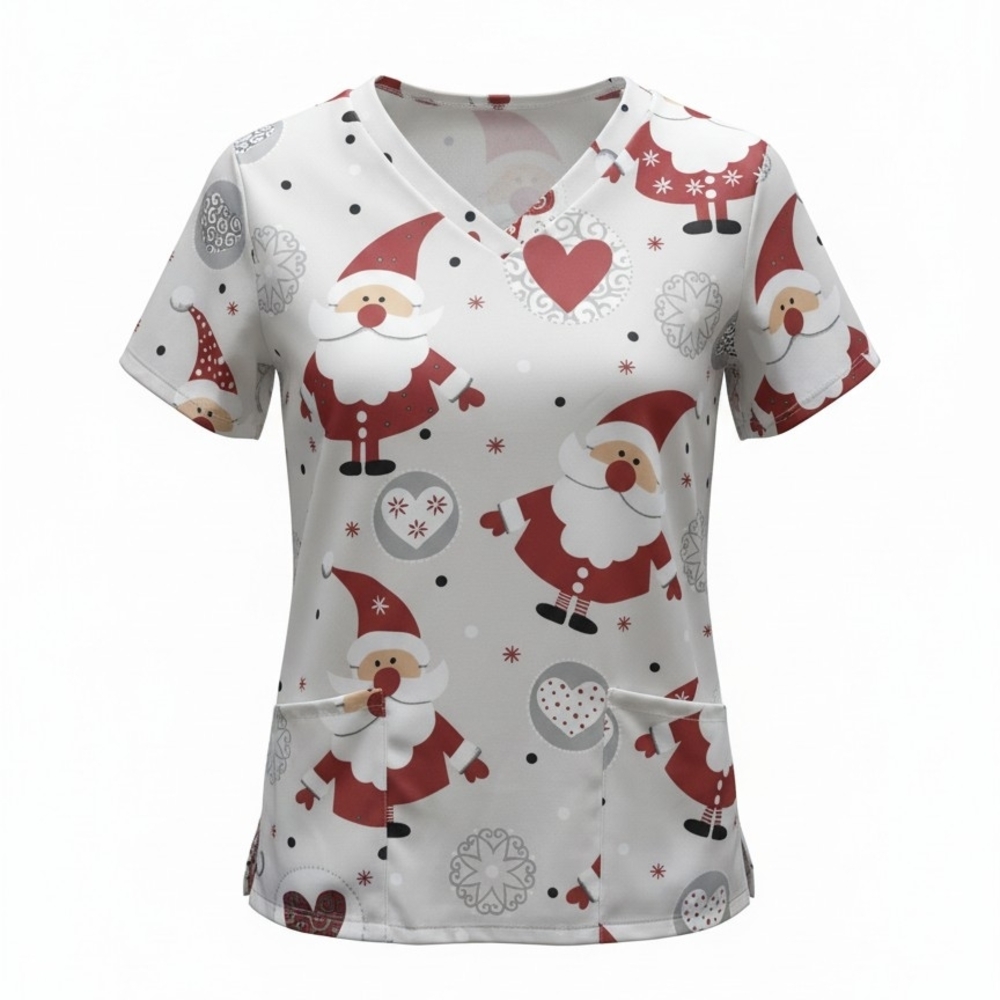 Holiday Santa Print V-Neck Women’s Scrub Top - White/Red